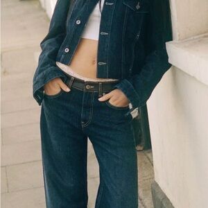Zara Dark Blue High-Rise Wide Leg Jeans with leather 0699/210/443